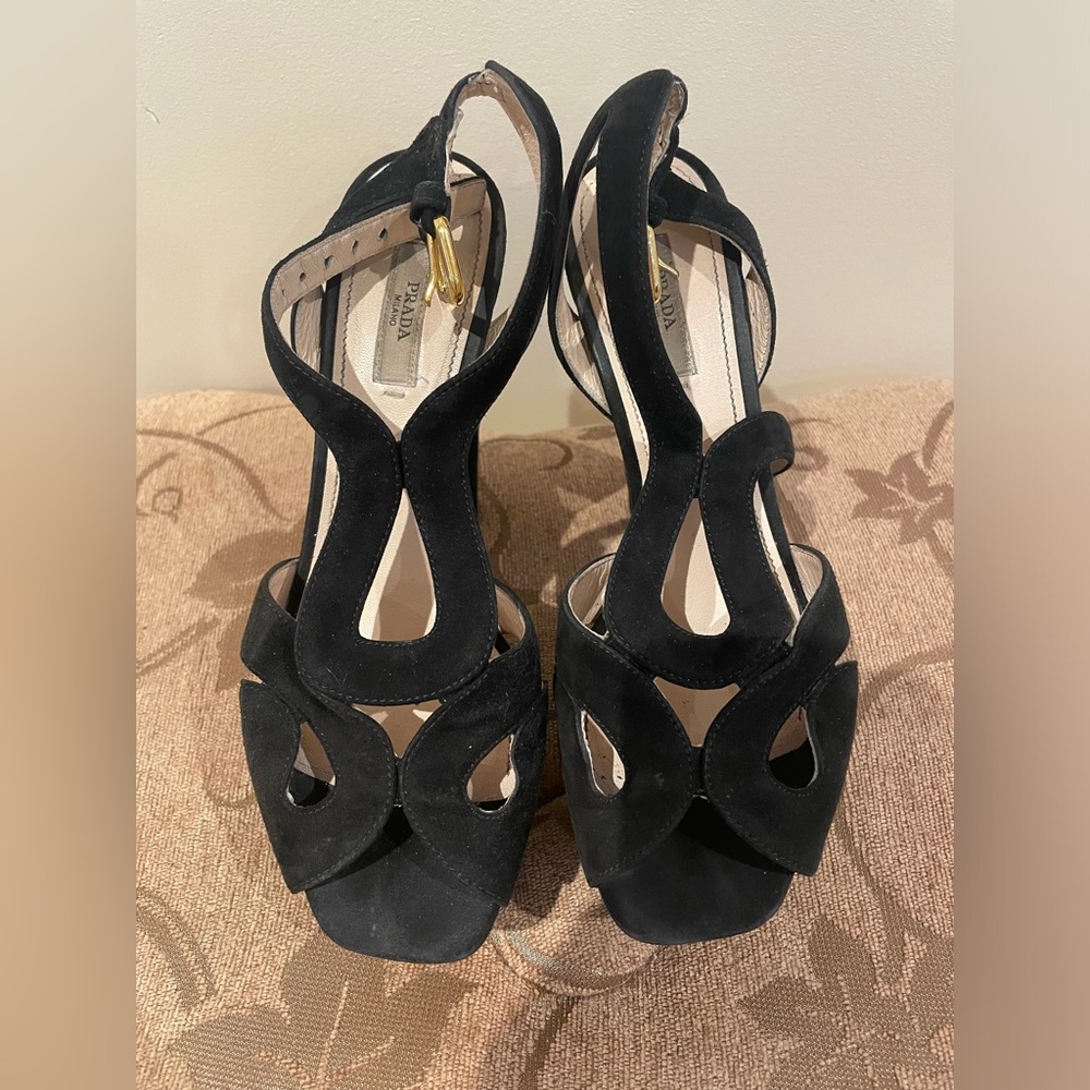 Prada Black Suede Cutout Platform Heels with Gold Buckle